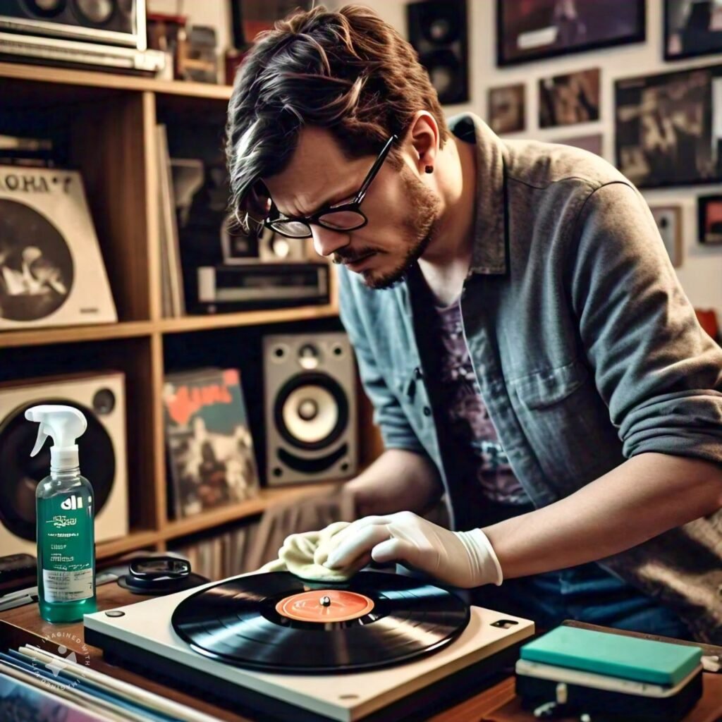 hombre cuidando disco de vinilo